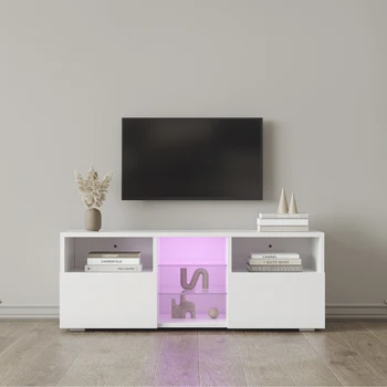 Modernus Minimalistinis TV Spintelė, svetainė su 20 spalvų LED Žibintai,TV Stovas Pramogų Centras (Baltas), Šiuolaikinės