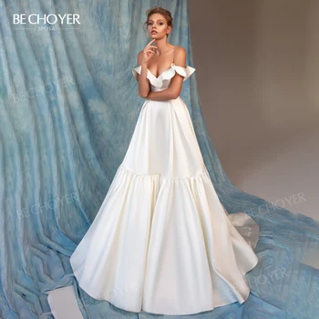 Vestuvių Suknelė be Rankovių 2021 Mados Off Peties Satin A-Line Bridal Gown Princesė BECHOYER EL80 Plius Dydis Vestido De Noiva