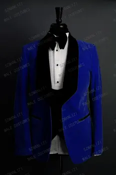 2020 Užsakymą Oficialų Royal Blue Velvet Tiktų Vyrų Slim Fit Jaunikis Švarkas Groomsmen Slim Fit 3 Gabalas Prom Smokingas Vestuvių Kostiumas