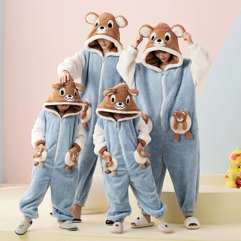 Šeimos, Tėvų-Vaikų Apranga Pijamas Onesie Sleepwear Animacinių Filmų Lokys Pižama Užtrauktukas Hoodies Minkštas Šiltas Kawaii Moterys Vyrai Pyjama