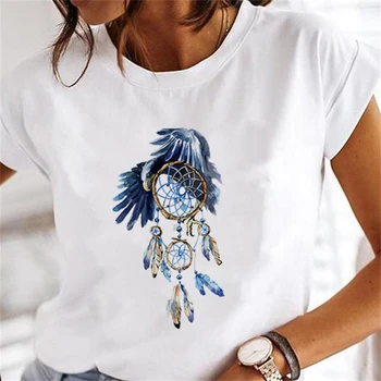 Nauja Vasaros Mados Moterų Marškinėlius Harajuku Dream catcher modelio spausdinimo Marškinėliai trumpomis Rankovėmis baltos Viršūnės Moterų marškinėliai Drabužių