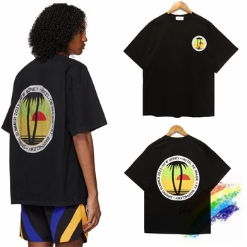 Saulėlydžio Kokoso Medžio Logotipu Rhude T-shirt Vyrai Moteris Geriausios Kokybės Marškinėliai Negabaritinių Prarasti Viršuje Tees