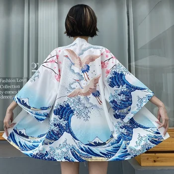 2021 Japonų Kimono Moterų Yukata Azijos Drabužių Kimonos Samurajus Megztinis Marškinėliai Anime Kimono Streetwear Yukata Moterų Haori FF3308