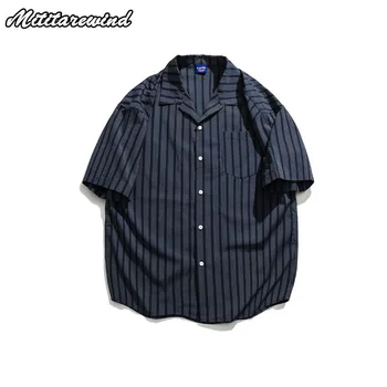 Japoniško Stiliaus Gatvės Dryžuotas vyriški trumpomis Rankovėmis Marškinėliai Hip-Hop Atsitiktinis Tamsiai Mėlynos Pora Tees Turn-žemyn Apykaklės Viršūnes Y2k