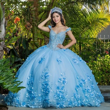 ANGELSBRIDEP Dangus Šviesiai Mėlyna Quinceanera Princesė 3D Aplikacijos Gėlės Šalis Suknelė Vestido De Debutante Para 15 Anos Kamuolys Chalatai