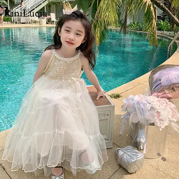 Kūdikių Mergaitės 2023 Vasaros Sequines Perlai Saldus Vestidos Vestuves Vaikai Tiulio Suknelė Princesė Vaikų Suknelės