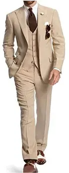 Kostiumas Homme Smėlio Vyrų Kostiumas 3 Gabalus Vestuvių Tuxedos Jaunikis Dėvėti Groomsman Prom Šalies Slim Fit Verslo Švarkas+Liemenė+ Kelnės