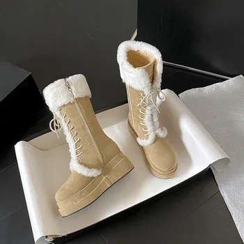 KARŠTO 2022 m. žiemos naujų aukštos vamzdis mados visas rungtynes, šiltas storas sniego batai su mazgas sniego batai moterims butas-pakulnės, Avalynės sniego batai