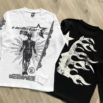 Klasikinis Juoda Balta Hellstar T-shirt Amerikos Tendencija Liepsna Didelis Print Long Sleeve T Shirt Rudenį Laisvi Vyrai Moterys Viršų Tee