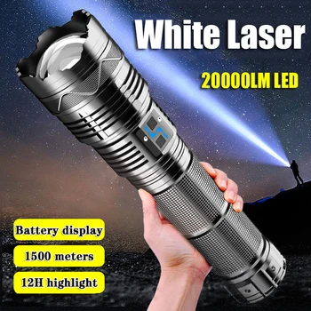 Didelės Galios Balti Lazeriniai Žibintuvėlis Super Ryškus LED Prožektorius Ilgo Nuotolio Fakelas Zoom Pagalbos Lauke Su Baterija Indikatorius