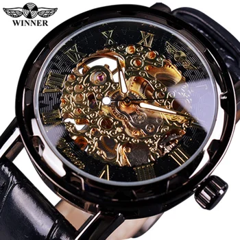 Montre Homme Mados Klasikinis Romų Žiūrėti Vyrų Aukso Skeletas Laikrodžiai Winnner Odos Juosta Mechaninė Vertus Vėjo Laikrodžiai Vyrams