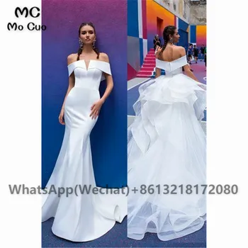 2021 Naujausias Off Peties Vestuvių Suknelės su Traukiniu Ruffles Pakopų A-Line Bridal Suknelės Grindų Ilgis Sunku Satino Boho vestido de