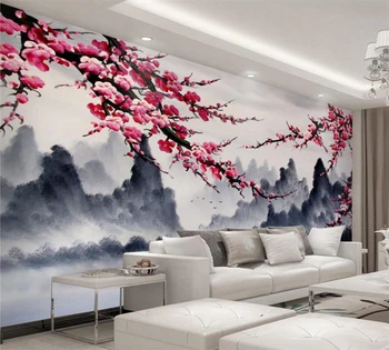 beibehang Individualų high-end šilko storio audinio tapetai Naująjį Kinijos rašalo kraštovaizdžio slyvų žiedų TV namų puošybai tapyba
