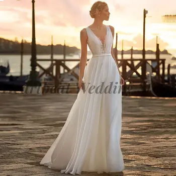 2023 Elegantiškas Vestuvių Suknelė Moterims su A-LINE Mygtuką Atgal, V-kaklo, Rankovių ir Teismo Traukinio Appliques Perlai Perlai