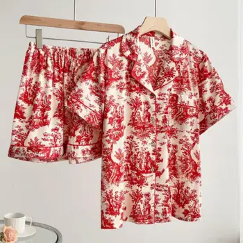 Vasaros Pajama Print Satino Sleepwear Atvartas Pijamas Kostiumas Moterims trumpomis Rankovėmis Marškiniai&ziajać apatinis Trikotažas PJS moteriškas chalatas Homewear