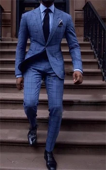Mados Vestuvių Kostiumai Vyrų Slim Fit Pledas Vieną Mygtuką Jaunikis Oficialų Vyrų Švarkas Kostiumas Homme Tuxedos 2 Vienetų Rinkinių Verslo