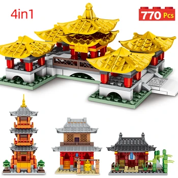 770pcs 4 1 Miestas Kinų Klasikinės Architektūros Modelio Blokai Tower Palace House 