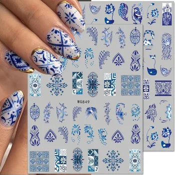 Retro Spalvos Jūros Vandens Nagų Dailės Lipdukai Kinų Keramikos Stiliaus Nagų Dizaino Mėlynos Spalvos Gėlių Nagų Lipdukai 