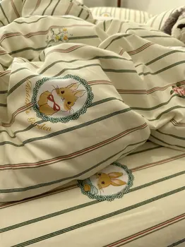 derliaus triušis gėlių patalynės komplektas,twin visą karalienė retro stripes raudonos, žalios medvilnės namų tekstilės paklode pagalvės užvalkalą antklodė padengti