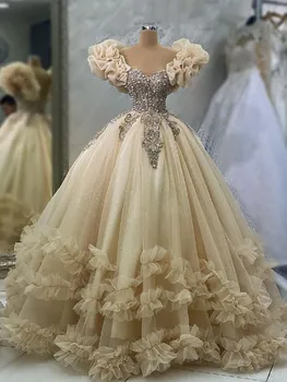 Elegantiškas Kamuolys Suknelė Vakaro Suknelės Rankovių Brangioji Blizgančiais Zawalcowany 3D Nėrinių Appliques Deimantai, Perlai FoldsProm Suknelės Chalatai