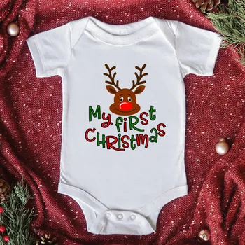 Mielas Mano Pirmoji Kalėdų Elnių Kūdikių Bodysuit Medvilnės Balti Trumpomis Rankovėmis Kūdikiui Romper Mielas Kalėdų Dovana Naujagimiui