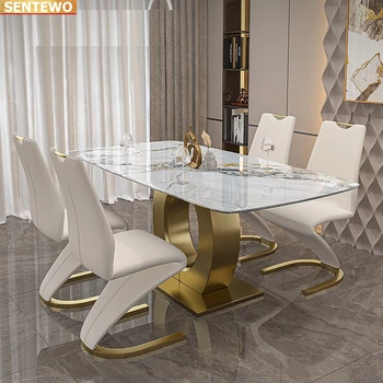 Dizaineris Prabangus valgomasis kambarys Marmuro Uolos Plokštė valgomojo stalo rinkinys 4 6 kėdės mesa tische baldai meuble Nerūdijančio plieno aukso bazės