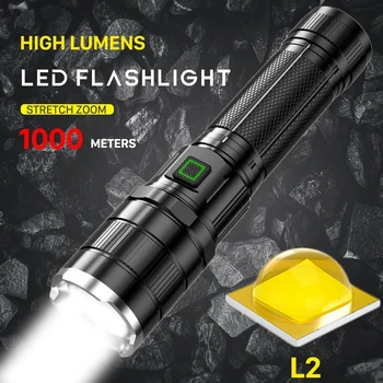 Aukštus Liumenų 30W LED Žibintuvėlis C Tipo USB Įkrovimo Flash Šviesos Zoomable Taktinis Žibintuvėlis Žibintų Galinga Ranka Lempa Kempingas