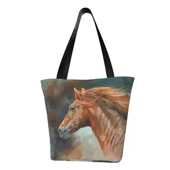 Daugkartinio Naudojimo Anotacija Arklių Modelis Pirkinių Krepšys Moterų Pečių Canvas Tote Maišą Nešiojamų Bakalėja, Shopper Bags