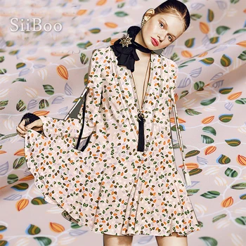 Sielovados oranžinė žalia lapų spausdinimo 100% šilko krepo de chine audinio drabužiai suknelė, natūralaus šilko tissu fabrc telas kaip 14mm SP5177