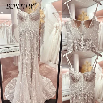 Puošnios 3D Gėlės Puošia Vestuvių Suknelės Spagečiai Dirželiai Brangioji Kaklo Nuotakos Suknelė Elegantiškas Blizgučiai Undinė Vestuvių Suknelė