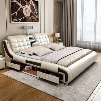 Pažangi masažo oda lova, moderni ir paprasta, miegamojo dvigulė lova, 1.8 metrų daugiafunkcinis projektorius, laikymo minkštas