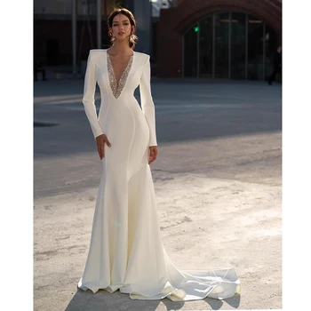 Paprasta Moterų Vestuvinė Suknelė Baltos V-Iškirpte Duobute Perlai Blizgančiais Teismas Traukinio Undinė Vestuvių Suknelė, Mados ir Elegantiškas 2023