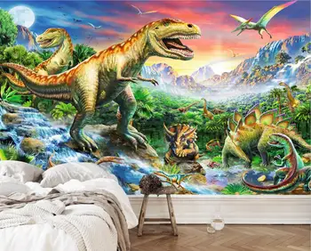 3D trimatis vaikų kambario, miegamojo tapetai kūrybos dinozaurų fono sienos popieriaus pramogų parkas gyvūnų freskos