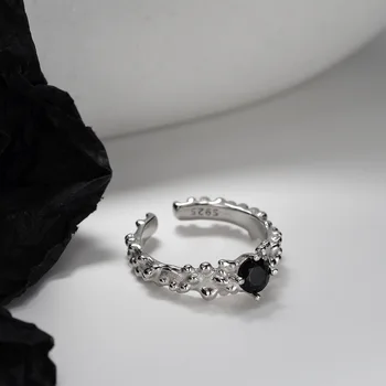 MLKENLY Granulių Paviršius Juodas Cirkonis Atidaryti Žiedas 925 Sterlingas Sidabro Nereguliarus Žiedas moterims Originalaus Dizaino Papuošalai