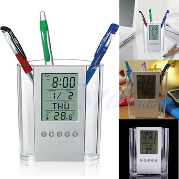1 Vnt LCD Skaitmeninis Laikrodis-Žadintuvas Stalo Pieštuką Rašiklio Laikiklis Organizatorius Termometras, Kalendorius