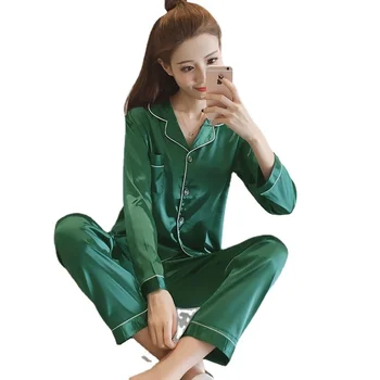 Šilko Satino Pižamą už Moterų Pižamos Nustatyti ilgomis Rankovėmis Sleepwear Moterų Pižama Kostiumas Moteriška Dviejų dalių Rinkiniai Loungewear Plius Dydis