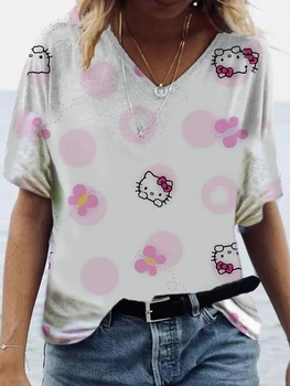 Hello Kitty spausdinti megztinis V-kaklo viršų elegantiškas marškinėliai mados atsitiktinis moterų laisvi marškinėliai 2023 vasaros moterų