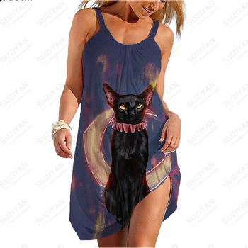 Madingas vasaros moterų Havajų gyvūnų katė 3D atspausdintas paplūdimio sijonas suporuotas su iškirptę be apykaklės trumpas rankovėmis moterų-line sijonas