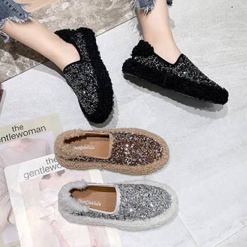 vijoklis kailiniai batai moteris 2019 žiemą šiltas bling kristalų vilnos scoop batai atsitiktinis slip-on mokasīni, minkšto dugno priešslydžio sistema mokasinai