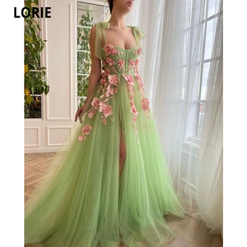 LORIE Mėtos žalumo Tiulio Prom Dresses Spagečiai Dirželiai Su Laivapriekio 3D Gėlės-Line Šalis, Chalatai Vestidos De Noche Rūbeliai De Soirée