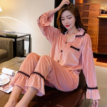 Aukštos Klasės Pižama Pižama Moterims Aukso Aksomo Pyjama Femme Sleepwear ilgomis Rankovėmis naktiniai drabužiai Tiktų Namų Naujų Pijama Mujer