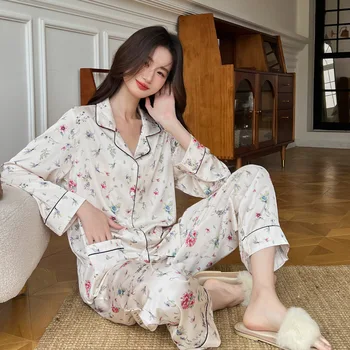 CRLAYDK 2023 Naujas Moterų Pižama Nustatyti Gėlių Klasikinis Mygtuką Loungewear Šilko Satino Žingsniu Apykaklės Sleepwear su Kišenėmis