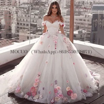 2023 Prabangus Baltas Off Peties 3D Gėlės Prom Dresses Quinceanera Blizgiu Tiulio Kamuolys Suknelė Brangioji Vestido De Fiesta