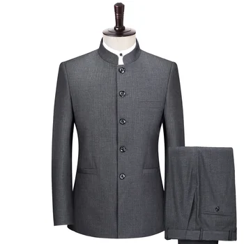 Skatinimo Dizaineris 2 vnt Vyrų Kostiumai (Švarkas+Kelnės) custom slim fit mens kinijos apykaklės kostiumo Švarkas rinkiniai vyrams