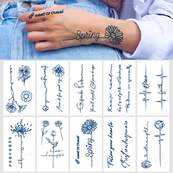 Mados Daisy Gėlių Laikinos Tatuiruotės Lipdukas Netikrą Sulčių Rašalo Gradientas Lotus Žodžiai Tatuiruotės Decal Vandeniui Kūno Menas Rankas Moteris