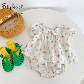 vasaros ins baby girl drabužiai, kūdikių drabužiai nustatyti kostiumas trumpomis rankovėmis Gėlių Viršuje + duona kelnės moteriška baby 2-piece set