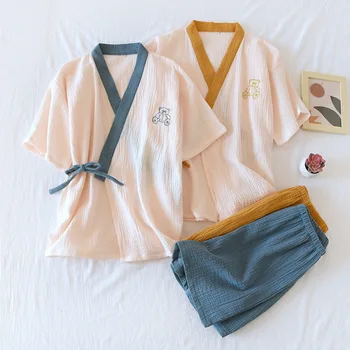 Japoniško stiliaus moteris kimono pižama komplektas Lokys siuvinėjimo pižama trumpomis rankovėmis moterų 100% medvilnės marlės, namų drabužių mielas 2-piece