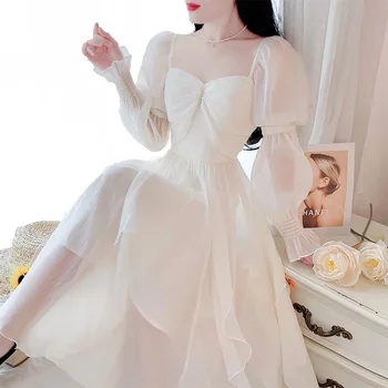 2023 Vasaros Elegantiškas Paplūdimio Suknelė Pasakų Sluoksniuotos Rankovėmis Midi Suknelė Vintage Lady Korėjos Mados Vakarą Šalis Suknelė Atostogų Prašmatnus Dizainas