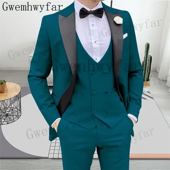 Gwenhwyfar Groomsmen Vestuvių Individualų Užsakymą Kostiumas Homme (Švarkas+Liemenė+Kelnės) Vyrų Kostiumai Slim Fit Prom Tuxedos Pasiekė Atvartas Švarkas