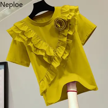 Neploe Short-Sleeve T-Shirts Femme Prarasti Plonas Pynimas Apačioje Tees 2023 Vasaros Naują Stilių Universalus Kieto Spalva Mažėja Viršūnės